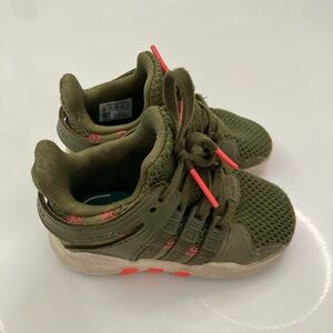 adidas Kids Olive Green Sneakers with Coral Accents